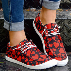 Red Heart Print Women's Casual Flat Canvas Shoes