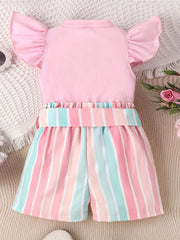 Toddler Girls Ruffle Trim T Shirts & Striped Shorts Set
