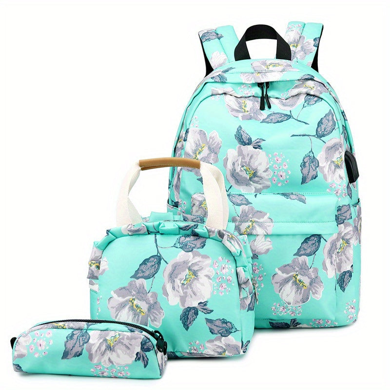 Kids Floral Backpack Set - School Bookbag, Lunch Bag, Pencil Case