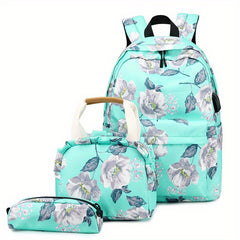 Kids Floral Backpack Set - School Bookbag, Lunch Bag, Pencil Case