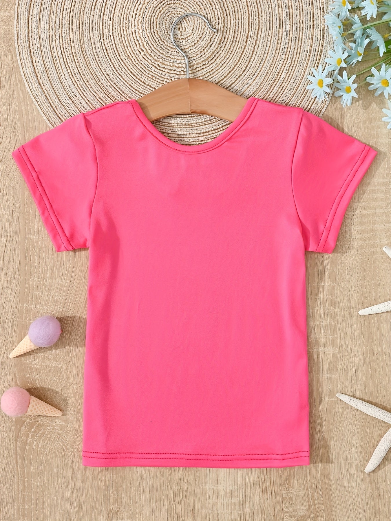 Girls Solid T shirt Casual Mid Stretch Bow Tie Crew Neck Tee Top