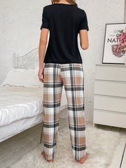 Heart Print Pajama Set Short Sleeve Crew Neck Top & Plaid Pants