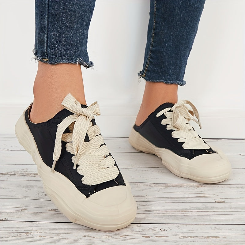 Vintage Lace Up Canvas Mules Sneakers Flat Shoes