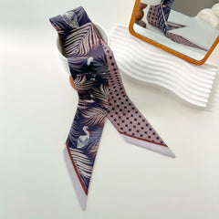 Bird Leaf Print Vintage Satin Twilly Scarf Neckerchief French Style Hair Ribbon