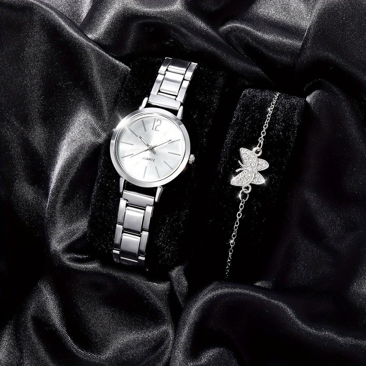 2pcs Children's Quartz Wristwatch & Bracelet Set, Pearl Butterfly Jewelry