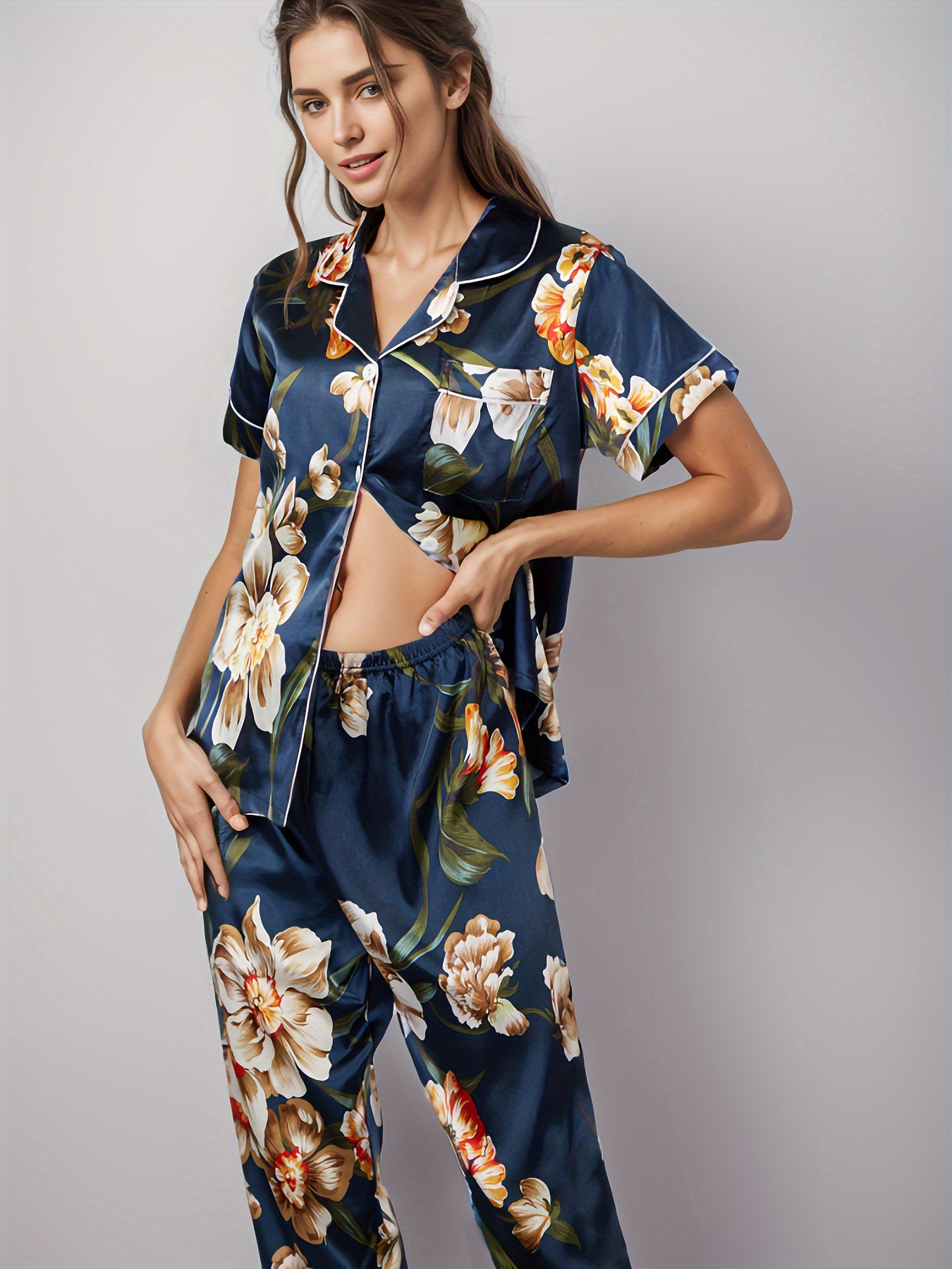 Floral Print PJ Set Short Sleeve Top & Elastic Waist Pants