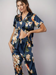 Floral Print Pajama Set Short Sleeve Buttons Top & Elastic Waistband Pants