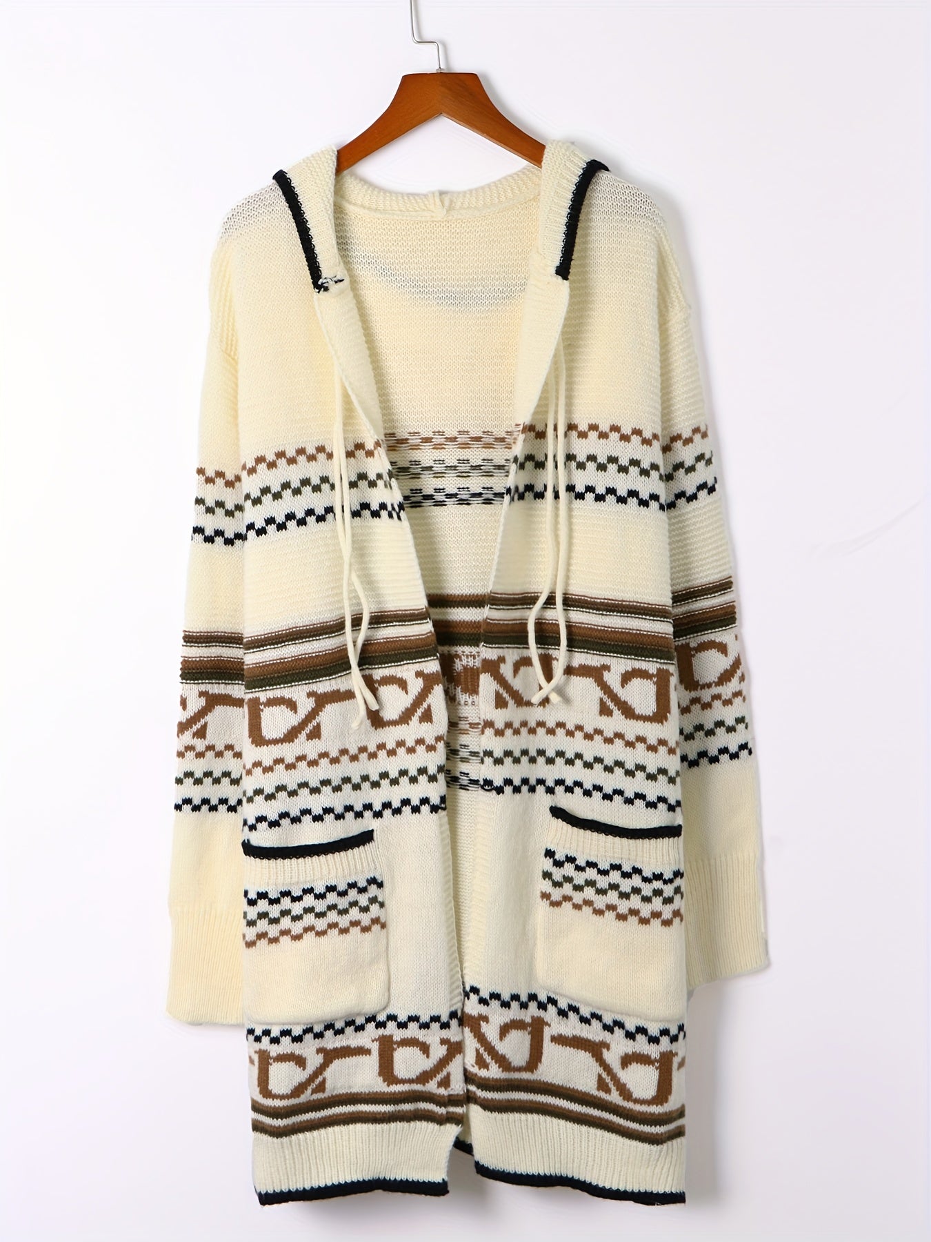 Geometric Print Hooded Drawstring Cardigan