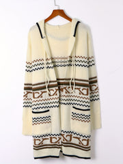 Geometric Print Hooded Drawstring Cardigan