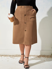 Plus Solid High Rise Maxi Skirt With Pockets