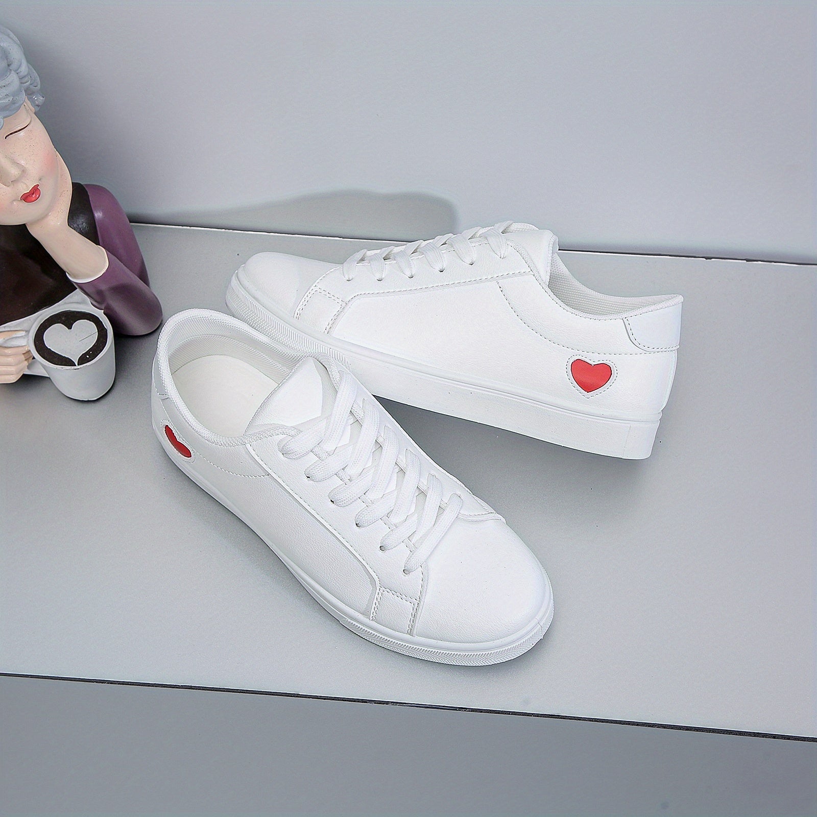 Heart Pattern Lace Up PU Leather Sneakers for Women
