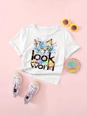 Cute Cat Graphic Tee for Girls
