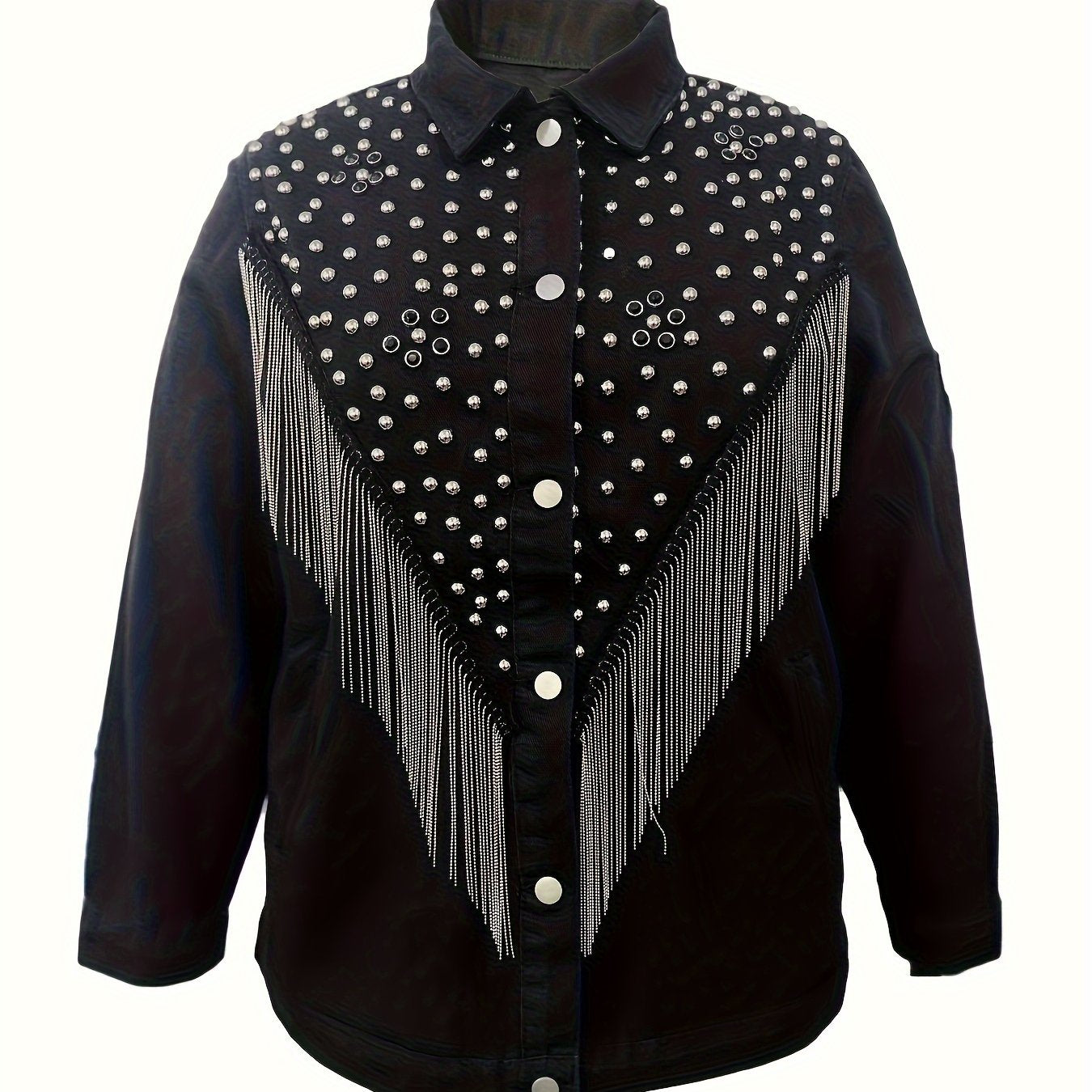 Punk Denim Jacket with Studded Detail and Fringe Trim