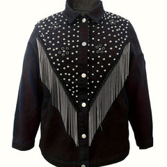 Punk Denim Jacket with Studded Detail and Fringe Trim