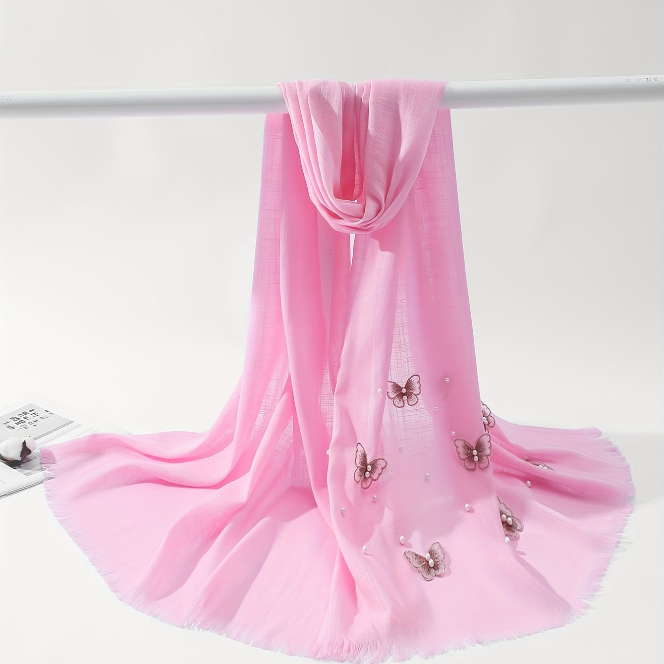 Butterfly Embroidered Scarf Pearl Decorated Thin Fringed Shawl