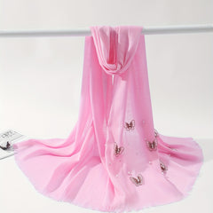 Butterfly Embroidered Scarf Pearl Decorated Thin Fringed Shawl