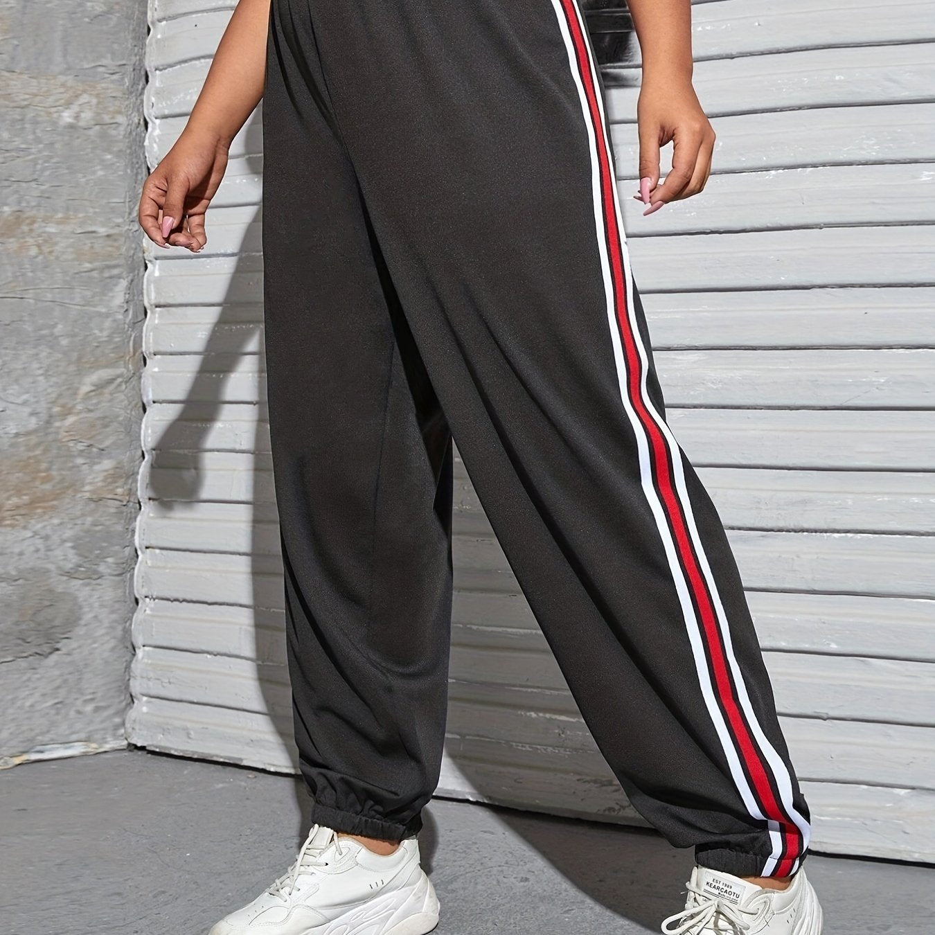 Sports Pants Women's Plus Side Stripes Elastic Waist Medium