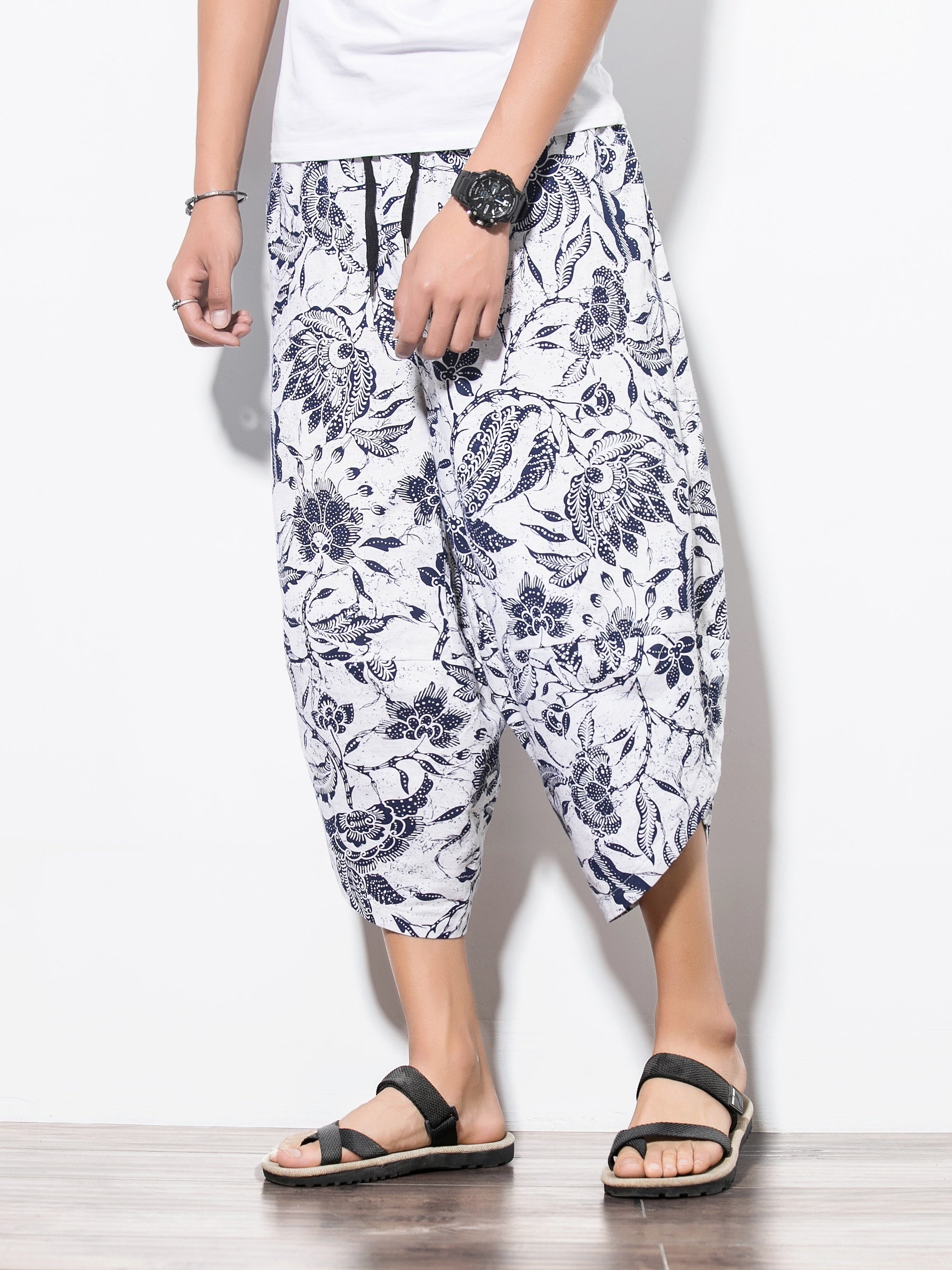 Flower Pattern Loose Cropped Pants for Men