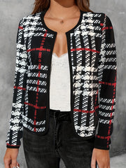Plaid Open Front Jacket Casual Contrast Trim Jacket for Spring & Fall