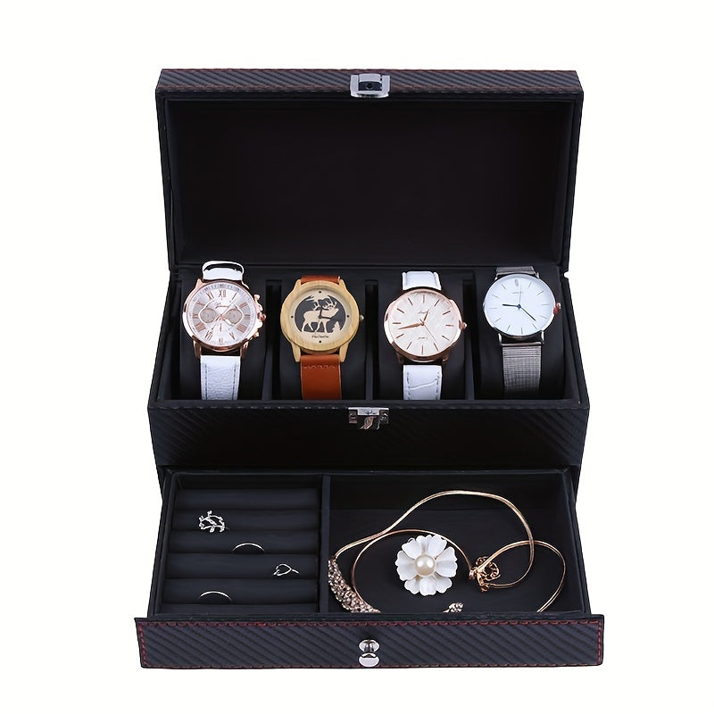 Men's 4 Slot Watch Display Box with Carbon Fiber Stand
