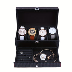 Men's 4 Slot Watch Display Box with Carbon Fiber Stand