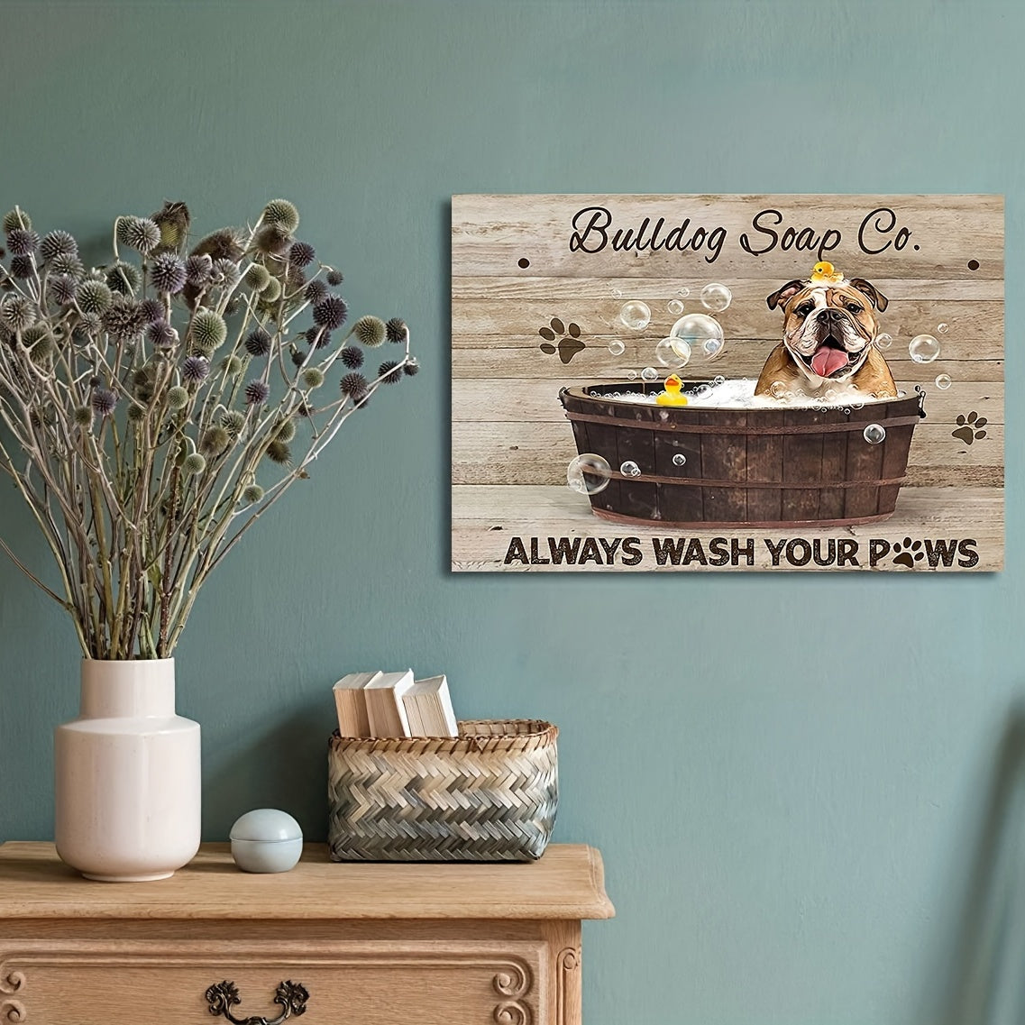 Solid Wood Frame Canvas Bulldog Bathtub Home Decor Wall Art