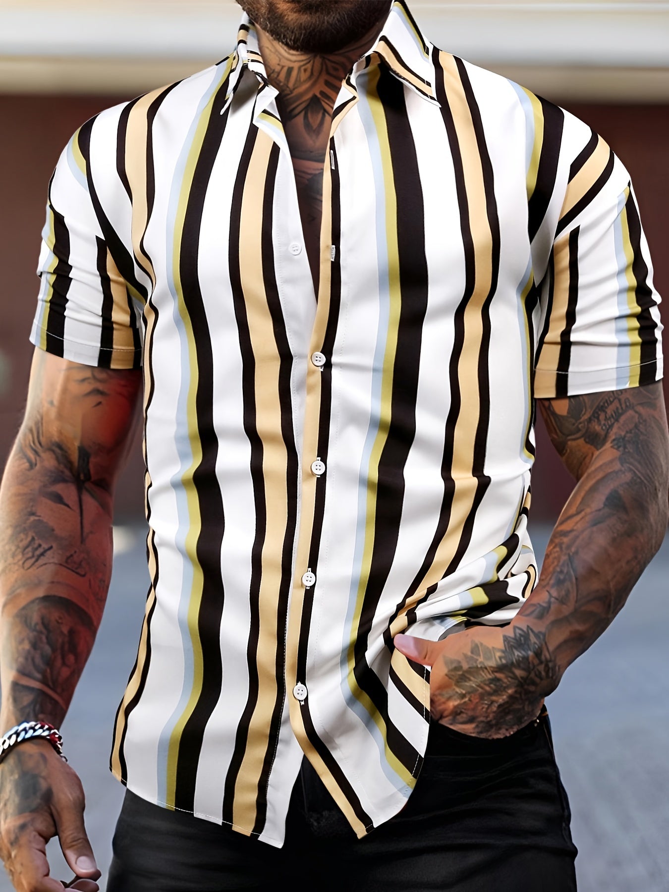 Stripe Print Men s Casual Short Sleeve Shirt Summer Vacation Resort Tops
