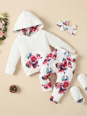 Girls Casual Floral Print Outfit Hoodie & Pants & Headwear Set