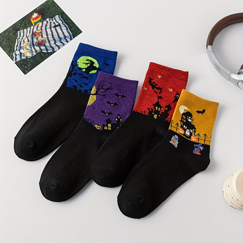 4 Pairs Halloween Print Socks Comfy & Breathable Mid Tube Women's Stockings