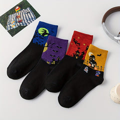 4 Pairs Halloween Print Socks Comfy & Breathable Mid Tube Women's Stockings