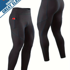 Men's Solid Pocket Leggings Compression Pants For Outdoor Running