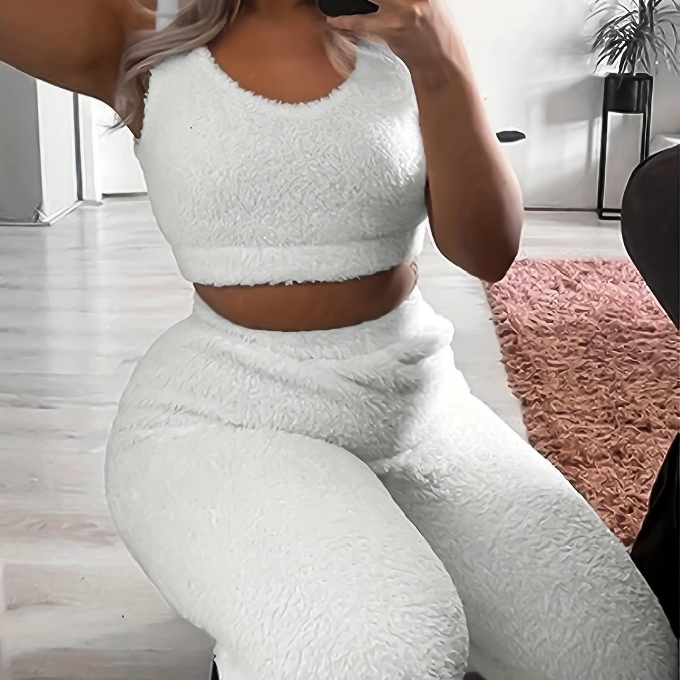 Fuzzy Lounge Set Warm Tank Crop Top & Elastic Waistband Pants