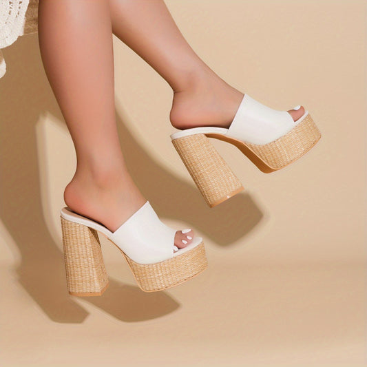 Women's Solid Platform Sandals Slip On Open Toe Chunky Heel