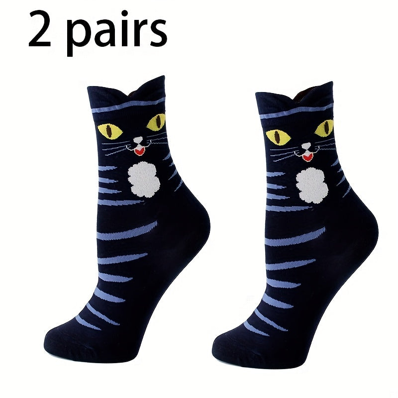 2 Pairs Cartoon Cat Print Socks Women's Stockings
