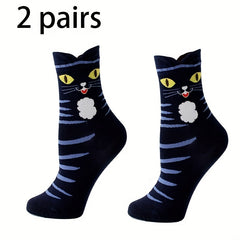 2 Pairs Cartoon Cat Print Socks Women's Stockings