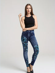 Butterfly & Denim Print Leggings Casual Stretchy Skinny Leggings
