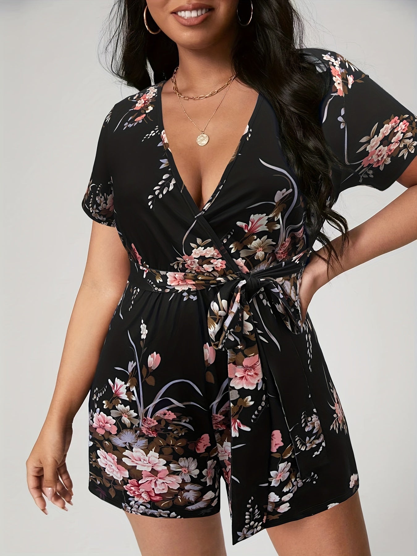 Floral Print Short Sleeve Romper With Belt