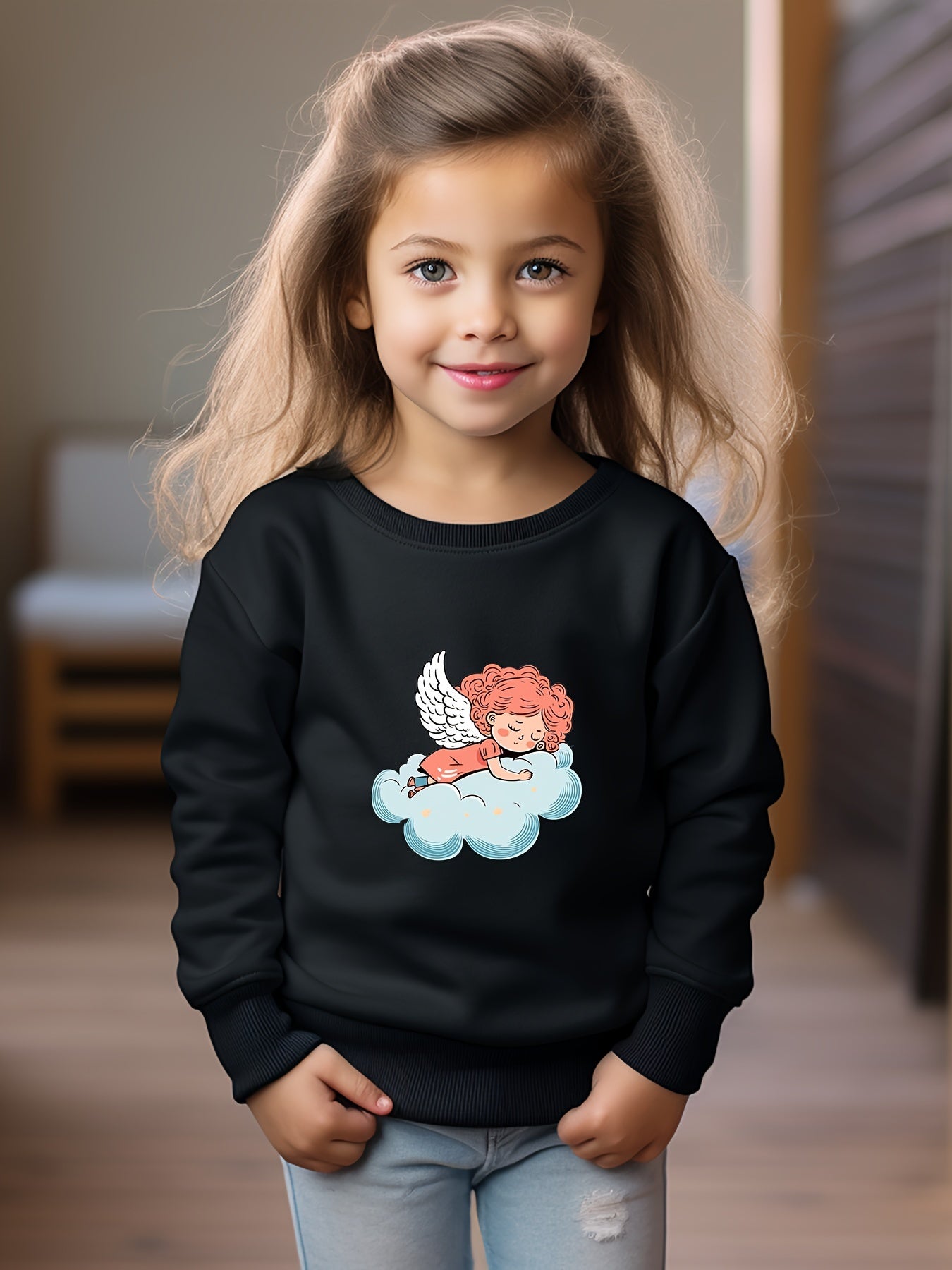 Angel Print Sweatshirt Girls Graphic Pullover for Kids Fall Winter