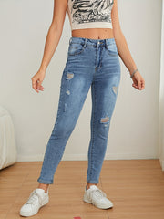 Distressed Skinny Jeans Medium Stretch Washed Denim Pants