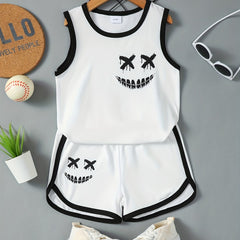 Boys Face Graphic Sleeveless Vest & Shorts Set