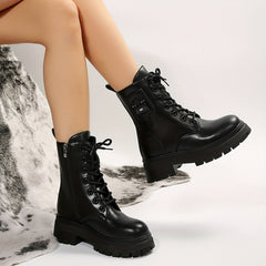 Women's Ankle Combat Boots British Style Round Toe Lace Up Platform Shoes
