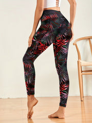 Leaf Print Casual Yoga Pants High Stretch With Side Pocket