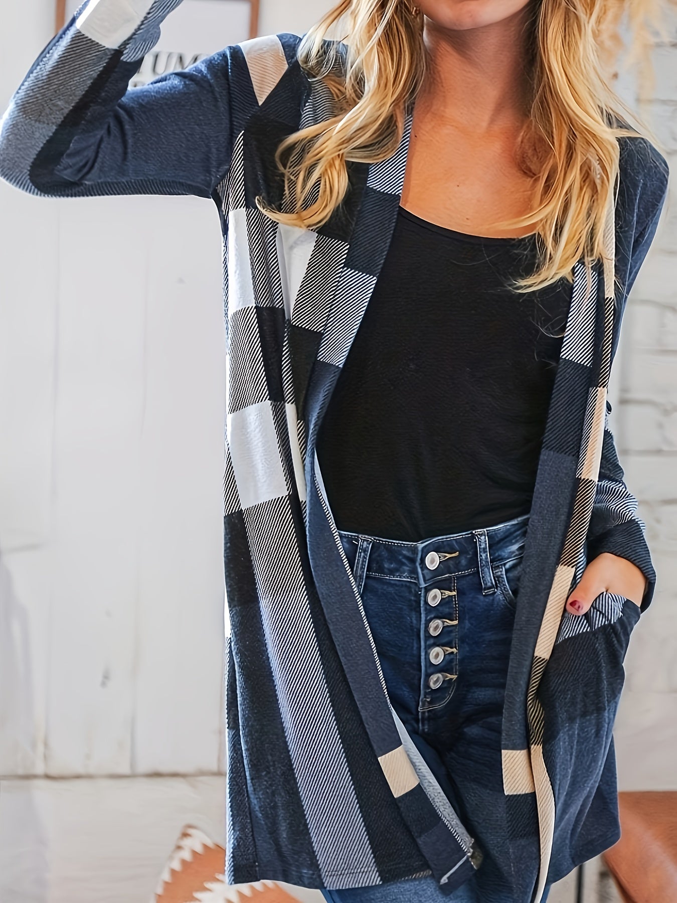 Plaid Print Long Sleeve Open Front Cardigan With Pockets