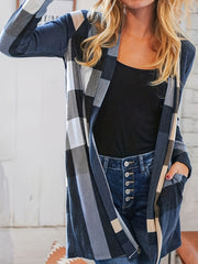 Plaid Print Long Sleeve Open Front Cardigan With Pockets