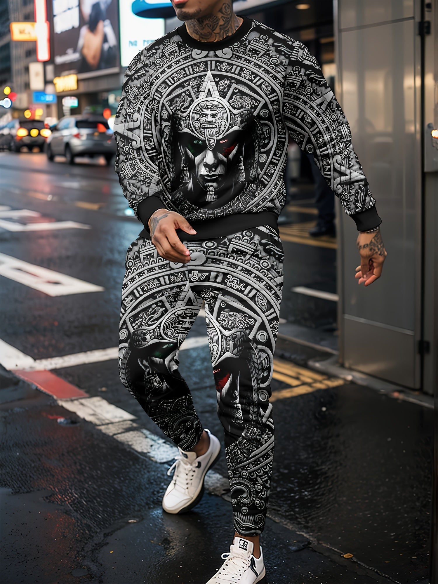 Men's Printed Crew Neck Sweatshirt Stretch Joggers Set