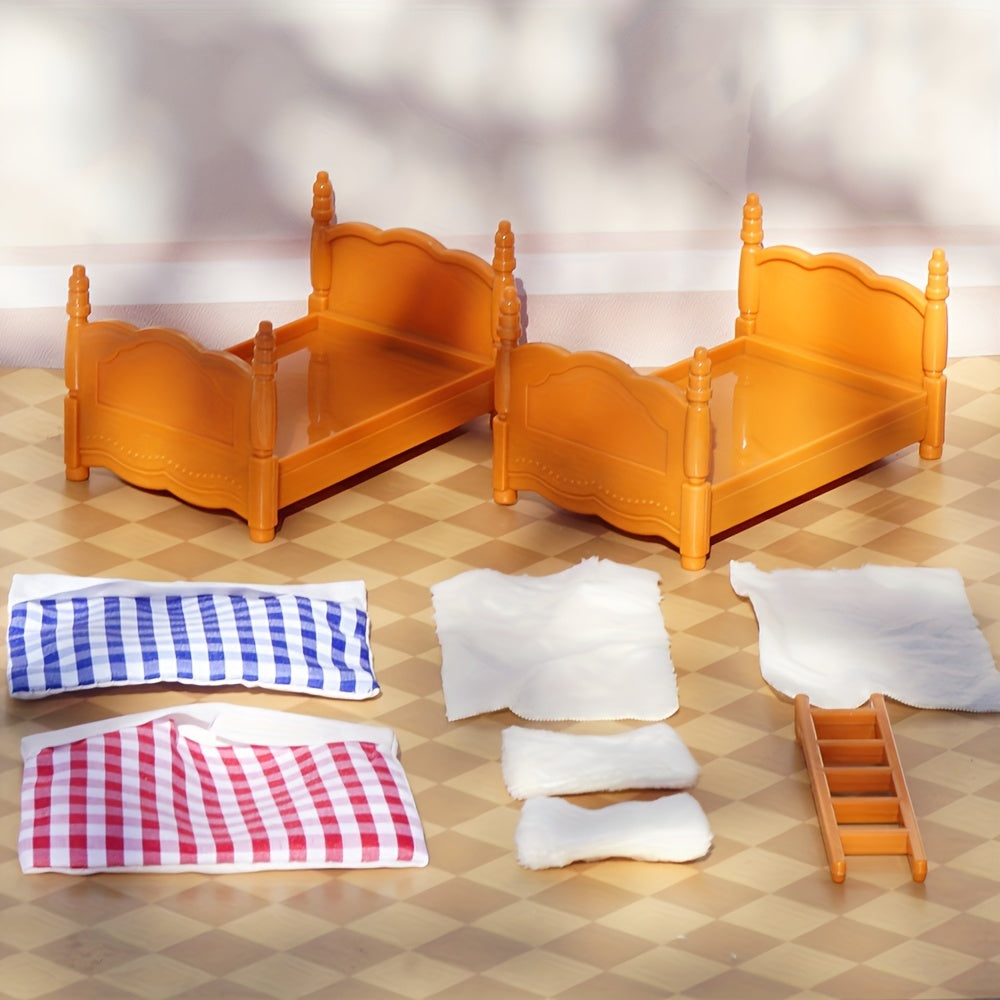 Stomle Family Dollhouse Bunk Bed Set - Cozy Orange Wooden Frame with Red Canopy