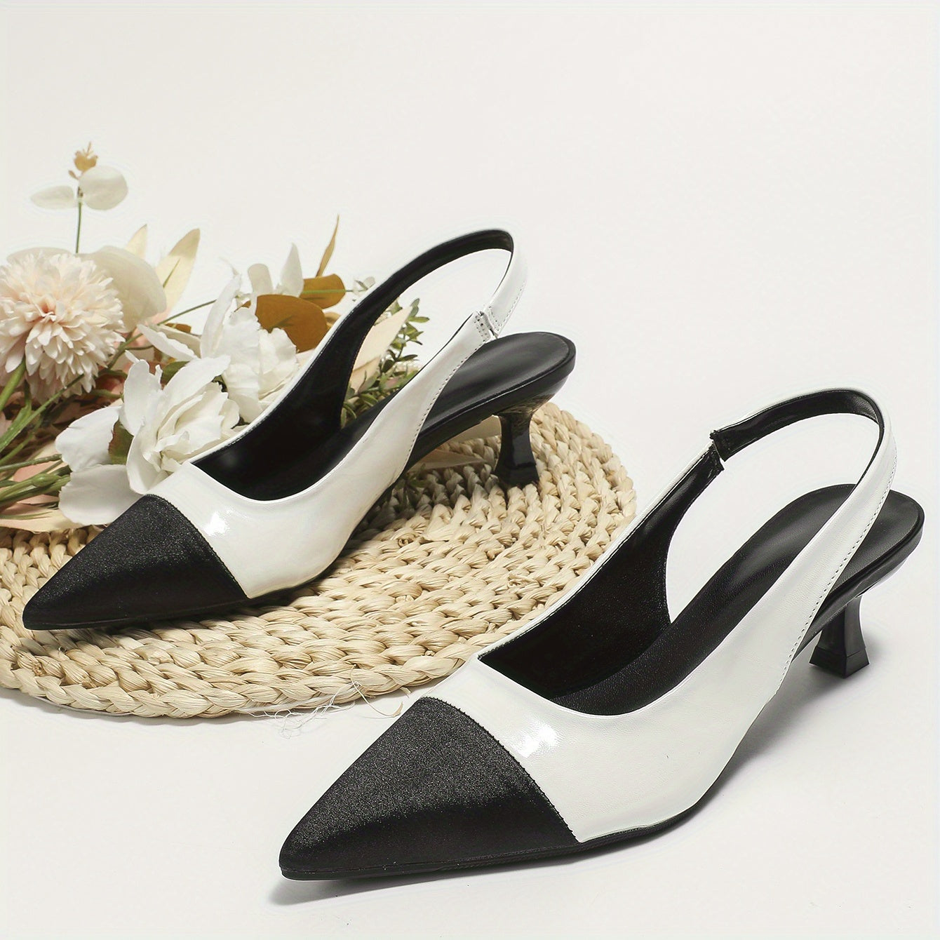 Colorblock Kitten Heel Satin Sandals Slingback