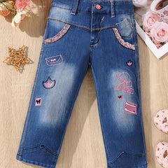 Girls' Embroidered Denim Stretch Pants, Cropped Length
