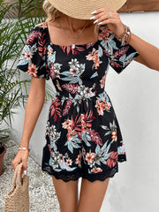 Floral Print Lace Romper Tie Back Short Sleeve Vacation
