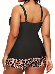 Vacay Tankini Set - Solid V Neck Tank Top & Leopard Shorts